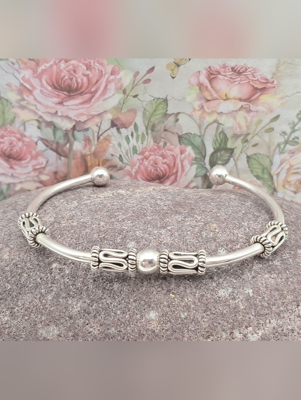 Vintage Taxco Solid 925 Silver Open Cuff Bracelet with Fixed Beads Mexico 15g